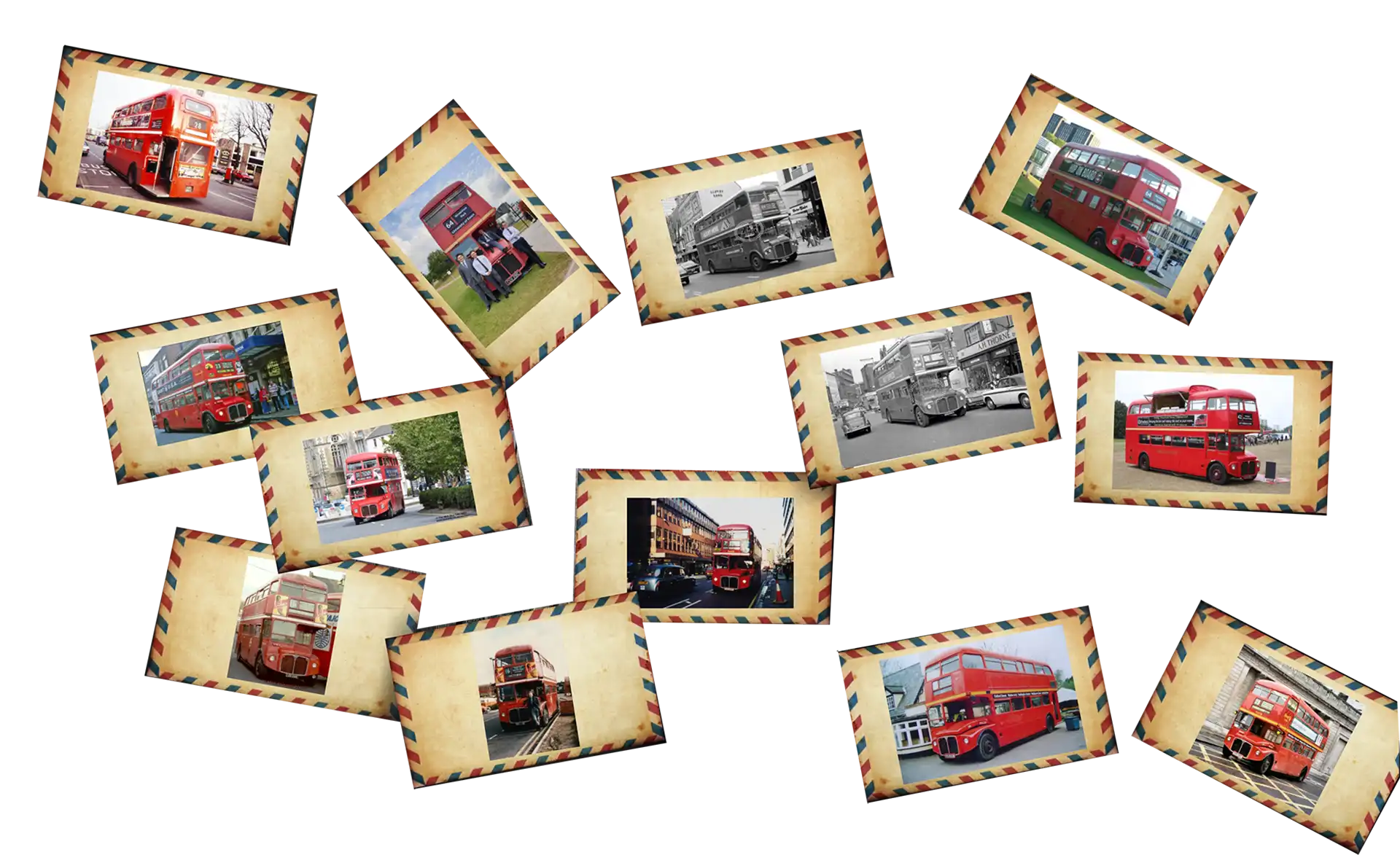 A collage of Routemaster photographs styled as postage stamps